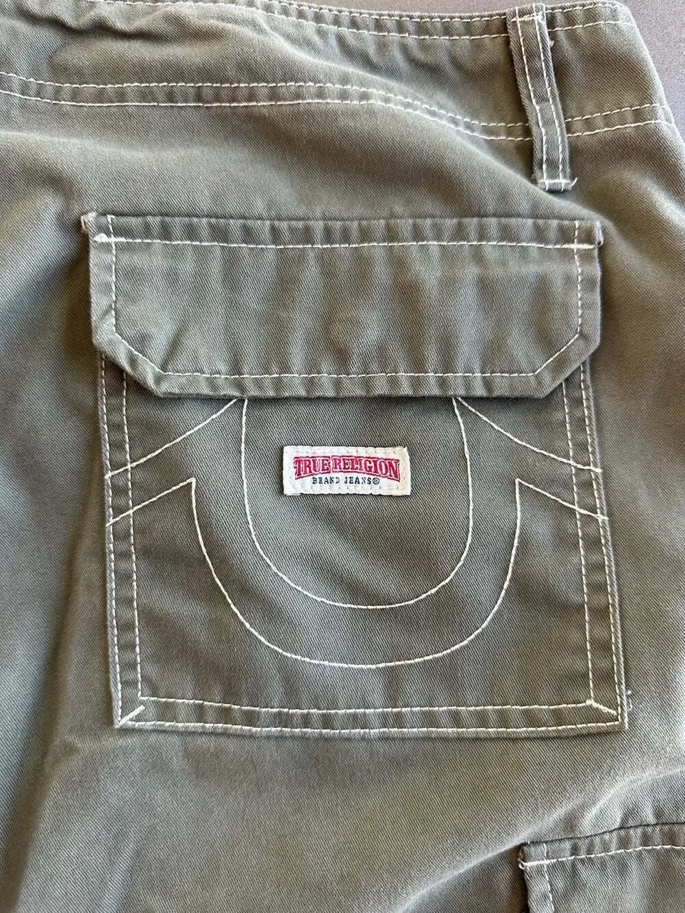 True Religion Olive Green Twill Cargo Pants with Contrast Stitching